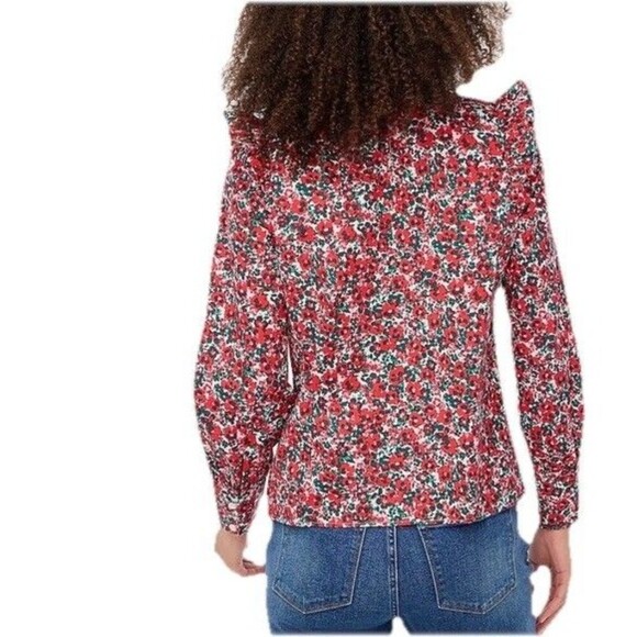 J.Crew Red Floral Cotton Poplin Ruffle Blouse Women’s Small Long Sleeve Pullover - Picture 2 of 10